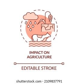 Impact on agriculture red concept icon. Climate change negative effect abstract idea thin line illustration. Isolated outline drawing. Editable stroke. Roboto-Medium, Myriad Pro-Bold fonts used