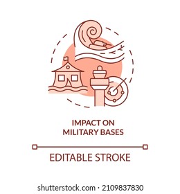 Impact On Military Bases Red Concept Icon. Climate Change Negative Effect Abstract Idea Thin Line Illustration. Isolated Outline Drawing. Editable Stroke. Roboto-Medium, Myriad Pro-Bold Fonts Used