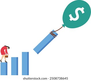 The impact of profits or sales from the inflation crisis. Loss of money or economic gain. Floating profit bar chart with inflation balloons. flat vector illustration on a white background.