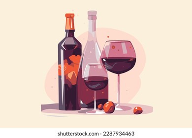 Impacto de una botella de vino rojo y dos vectores de alcohol de lentes de vino completo 