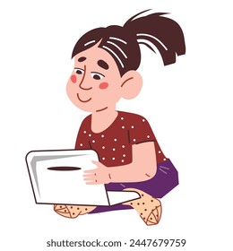 Impact of technology on the digital native generation of kids, kid gaming for their tech-savvy skills and experiences concept. Child of Generation Alpha with laptop, flat vector illustration isolated.