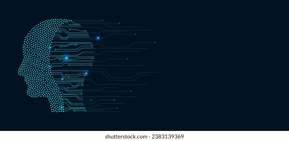 Impact of technology on the labor market or on people's thinking. Artificial Intelligence and human head background. Dot and circuit board design. Vector illustration, EPS 10