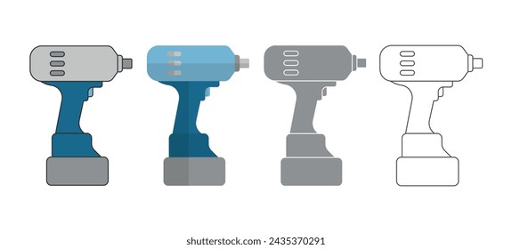 Impact wrench colored flat line icon and silhouette stencil template