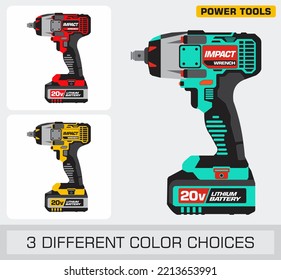 Impact Wrench Cordless Power Tool in three different color choices vector illustration