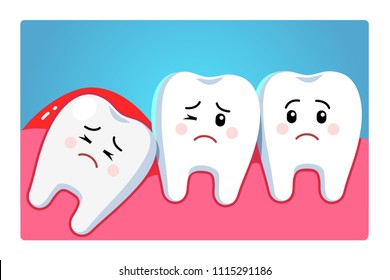 Impacted wisdom tooth character pushing adjacent teeth causing inflammation, toothache, gum pain. Third molar tooth problem. Dentistry and dental surgery clipart. Flat style vector illustration