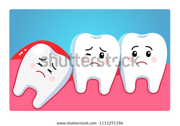 Impacted wisdom tooth character pushing\
adjacent teeth causing inflammation, toothache, gum pain. Third\
molar tooth problem. Dentistry and dental surgery clipart. Flat\
style vector\
illustration