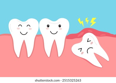 Dente do siso impactado. Dentes tortos. Dor de dente molar, inflamação e inchaço da gengiva. Cuidados dentários. Ilustração vetorial