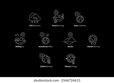 Impactful Climate Awareness Icons. A collection of icons focusing on climate issues like CO2 reduction, greenhouse effects, global warming, and ocean warming for educational and design projects.