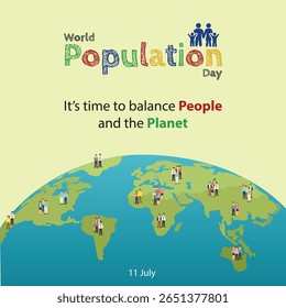 Ilustração impactante e educativa para o Dia Mundial da População, observado em 11 de julho. O design apresenta um globo cercado por ícones de pessoas, destacando a questão do crescimento populacional e seu efeito