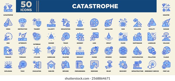 An impactful icon set themed around catastrophes, featuring visuals for disasters, emergencies, hazards, natural events, recovery efforts, relief services, preparedness, and crisis management tools.