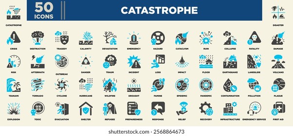 An impactful icon set themed around catastrophes, featuring visuals for disasters, emergencies, hazards, natural events, recovery efforts, relief services, preparedness, and crisis management tools.