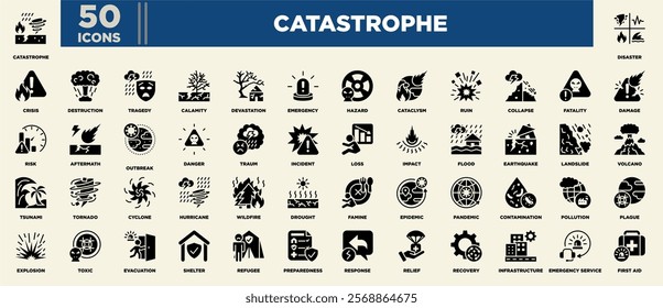 An impactful icon set themed around catastrophes, featuring visuals for disasters, emergencies, hazards, natural events, recovery efforts, relief services, preparedness, and crisis management tools.