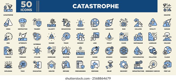 An impactful icon set themed around catastrophes, featuring visuals for disasters, emergencies, hazards, natural events, recovery efforts, relief services, preparedness, and crisis management tools.