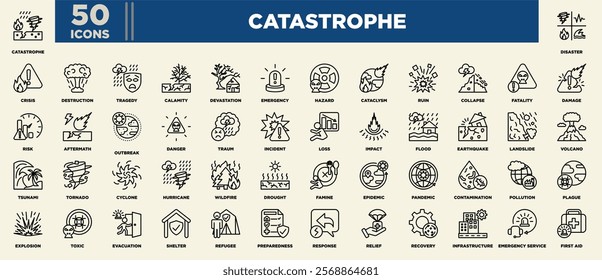 An impactful icon set themed around catastrophes, featuring visuals for disasters, emergencies, hazards, natural events, recovery efforts, relief services, preparedness, and crisis management tools.