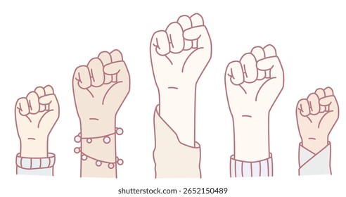 Ilustração impactante de diversos punhos levantados, representando unidade, força, empoderamento e ativismo pela mudança