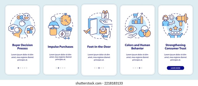 Impactful marketing tactics onboarding mobile app screen. Psychology. Walkthrough 5 steps editable graphic instructions with linear concepts. UI, UX, GUI template. Myriad Pro-Bold, Regular fonts used