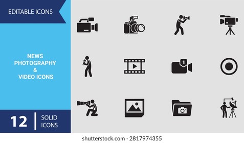 Impactful news photography solid icons featuring photojournalism camera equipment, field broadcast reporting, press lenses, news video shooting, and documentary symbols.
