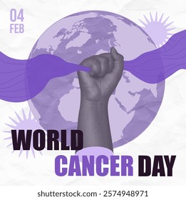 An impactful vector illustration for World Cancer Day, highlighting a powerful fist gripping a ribbon against a globe in purple tones, symbolizing unity and resilience in the fight against cancer.