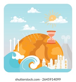 Impacts of climate change due to global warming. Highlighting melting ice, rising sea levels and the urgency of finding solutions. Climate change concept.