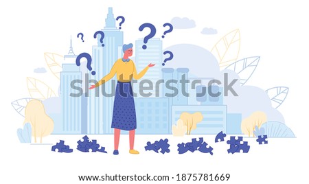 Impaired Orientation in Time, Place for Demented. Gray-haired Woman Cannot Understand where to Go, she Lost in Center City. On her Feet Shoes different Color, around Question Mark Formed in her Head.