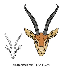 Icono de vector animal de antílope de Impala del deporte de caza, safari africano y mascota zoológico. Cabeza de la gacela impala, carnero de mamífero de sabana africana o oveja con cuernos grises largos y retorcidos y boquilla blanca