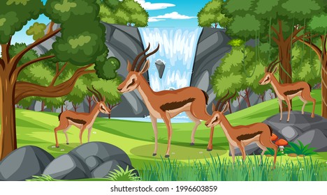Grupo Impala en el bosque en la escena diurna con muchas ilustraciones arbóreas