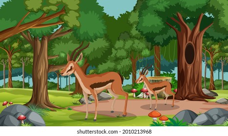 Impala group in forest at daytime scene with many trees illustration