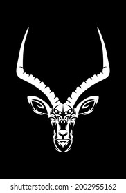 cabeza de impala con linea de mano hermosa, color negro con cuerno largo parece fresco para tatuajes o diseño en camiseta, mercenarios