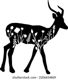 Impala silhouette with floral elements. Isolated nature drawing vector illustration.