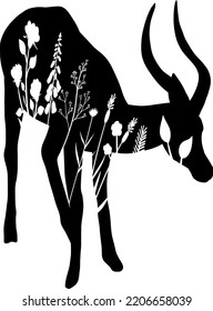Impala silhouette with floral elements. Isolated nature drawing vector illustration.