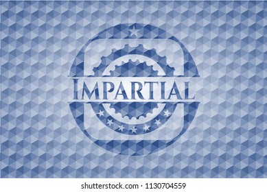 Impartial blue badge with geometric background.