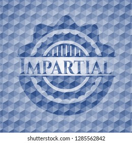 Impartial blue emblem or badge with abstract geometric pattern background.