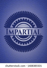 Impartial emblem with denim high quality background. Vector Illustration. Detailed.