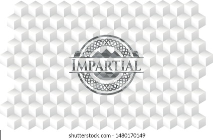 Impartial grey badge with geometric cube white background