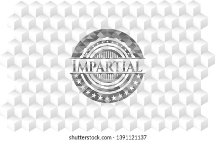 Impartial realistic grey emblem with cube white background