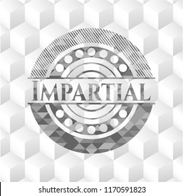Impartial retro style grey emblem with geometric cube white background