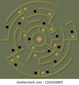 Ein unüberwindbares Labyrinth mit Schätzen und Fallen. Nahtlose Vektorgrafik.