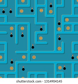 An impassable labyrinth with treasures and traps. Seamless vector illustration.