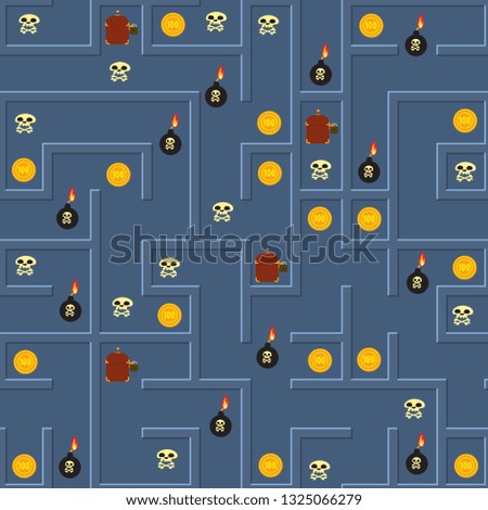 An impassable labyrinth with treasures and traps. Seamless vector illustration.