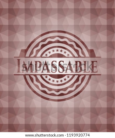 Impassable red seamless emblem or badge with abstract geometric polygonal pattern background.