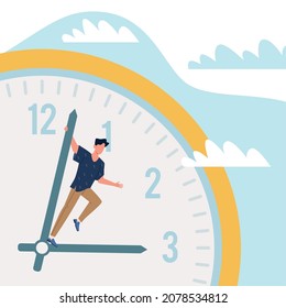 Impatience and haste. Time management. Man riding on timepiece dial arrow. Planning deadlines and appointments. Punctual person. Watch face with hour and minute hands. Vector concept