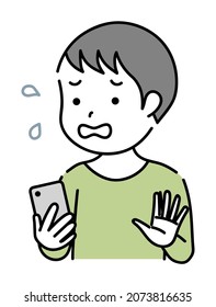 An impatient child boy operating a smartphone
