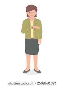 mulher impaciente de terno de negócios olhando para seu relógio, enquanto espera por algo