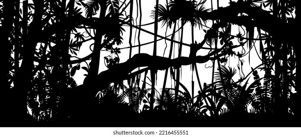 Impenetrable bowl. Jungle rainforest. Nature landscape silhouette. Dense tropical thickets. Isolated on white background. Vector
