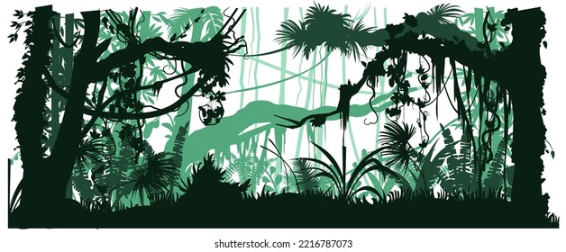 Impenetrable bowl. Jungle rainforest. Nature landscape silhouette. Bamboo and palm trees. Dense tropical thickets. Isolated on white background. Vector