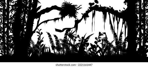 Impenetrable bowl. Jungle rainforest. Nature landscape silhouette. Dense tropical thickets. Isolated on white background. Vector
