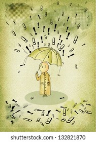 Imperatives - Little man caught in a storm of demands, expectations, concept illustration