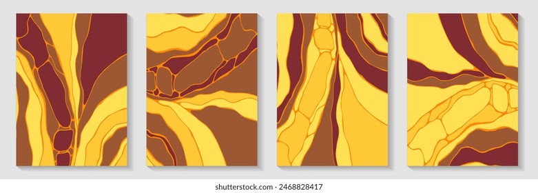Imperfect ebru pattern background design collection. Trendy brochures. Puzzle structure booklet front page templates. Epoxy vaporwave collage. Futuristic kintsugi psychedelic backgrounds.