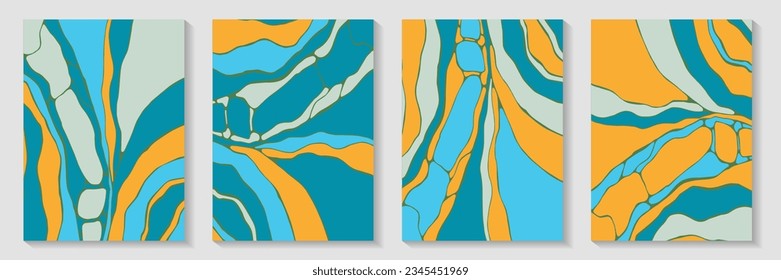 Imperfect ebru texture backdrop design vector set. Beautiful posters. Flow splash booklet front page templates. Abstract wallpaper prints. Futuristic kintsugi psychedelic backgrounds.