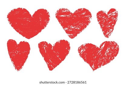 Vector de Formas cardíacas imperfectas. Colección de corazones incompletos. Símbolo de amor con textura áspera. Textura de tiza de cratón. Icono para la marca, embalaje, tarjetas de felicitación, carteles, redes sociales, pegatinas